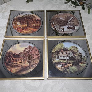 Juego de 4 cuadros vintage con marco de espejo inspirados en el campo o la granja de Currier & Ives para colgar en la pared con las cuatro estaciones: invierno, primavera, verano y otoño