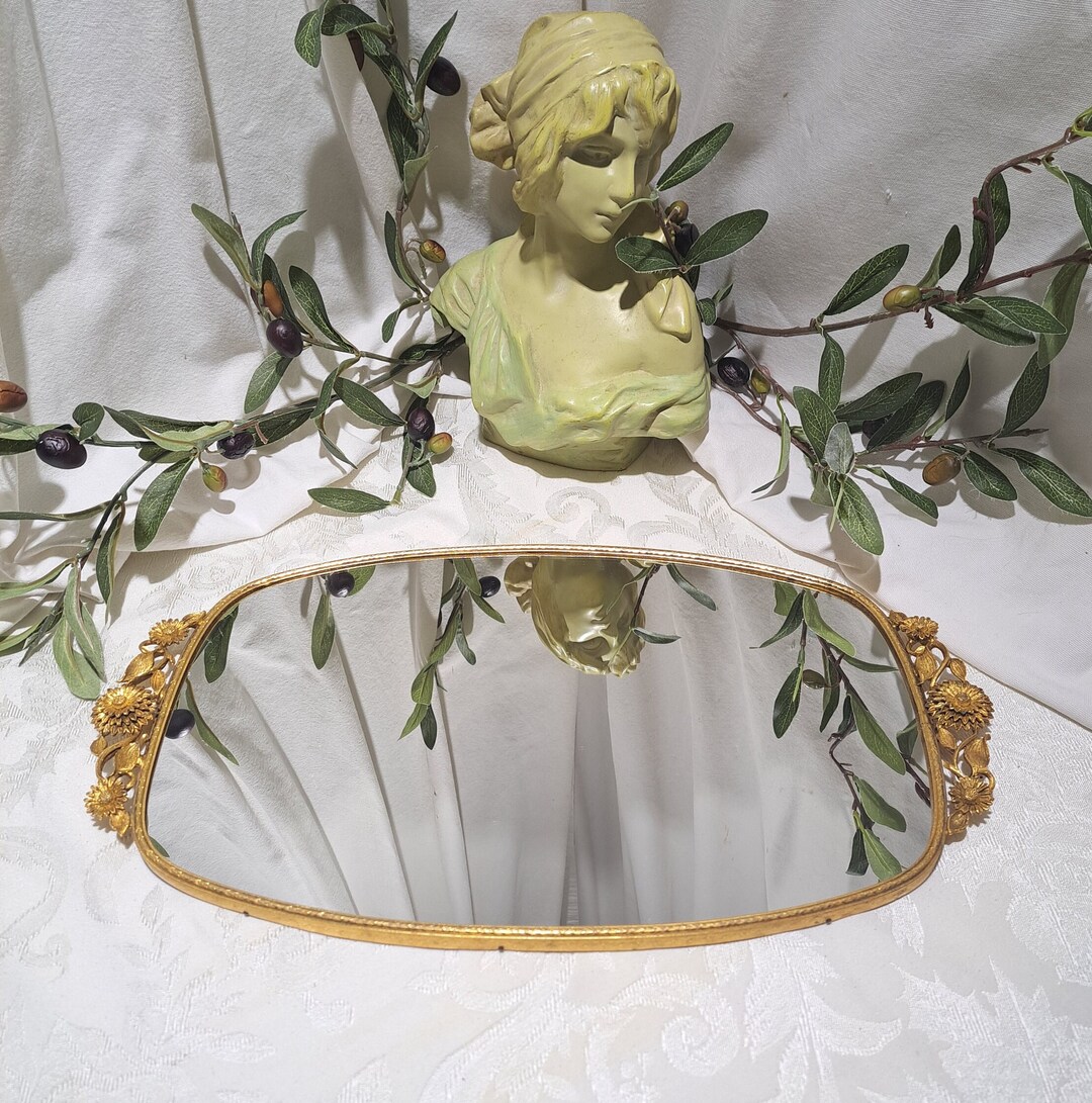 Vintage Floral Design Marked Matson 24K Ornate Oval Vanity Mirror Tray Sunflower Matson Dresser
