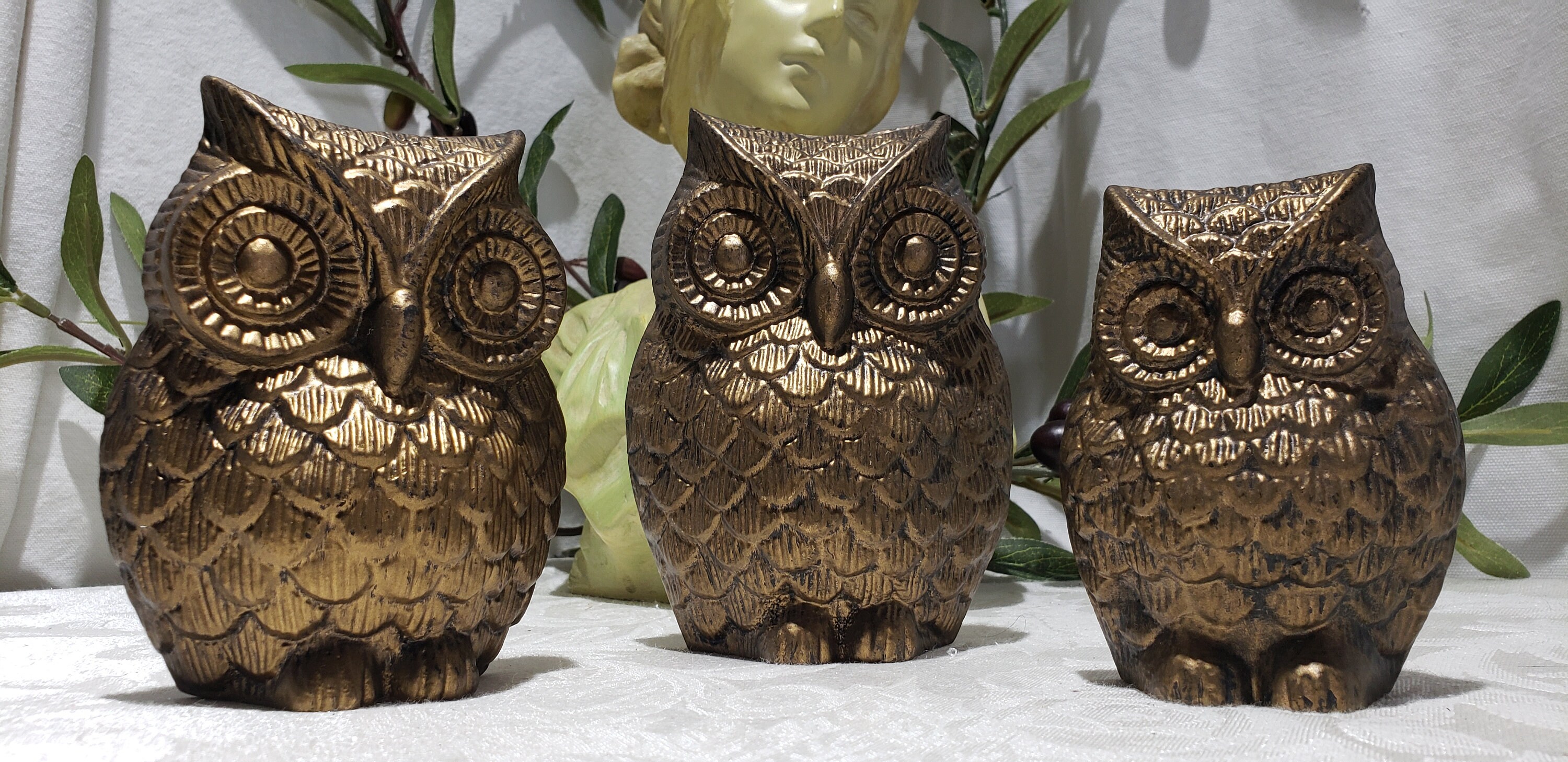 Vintage Gold Tone Owl Figurines - Set of 3 Retro Metal Owl Decor 