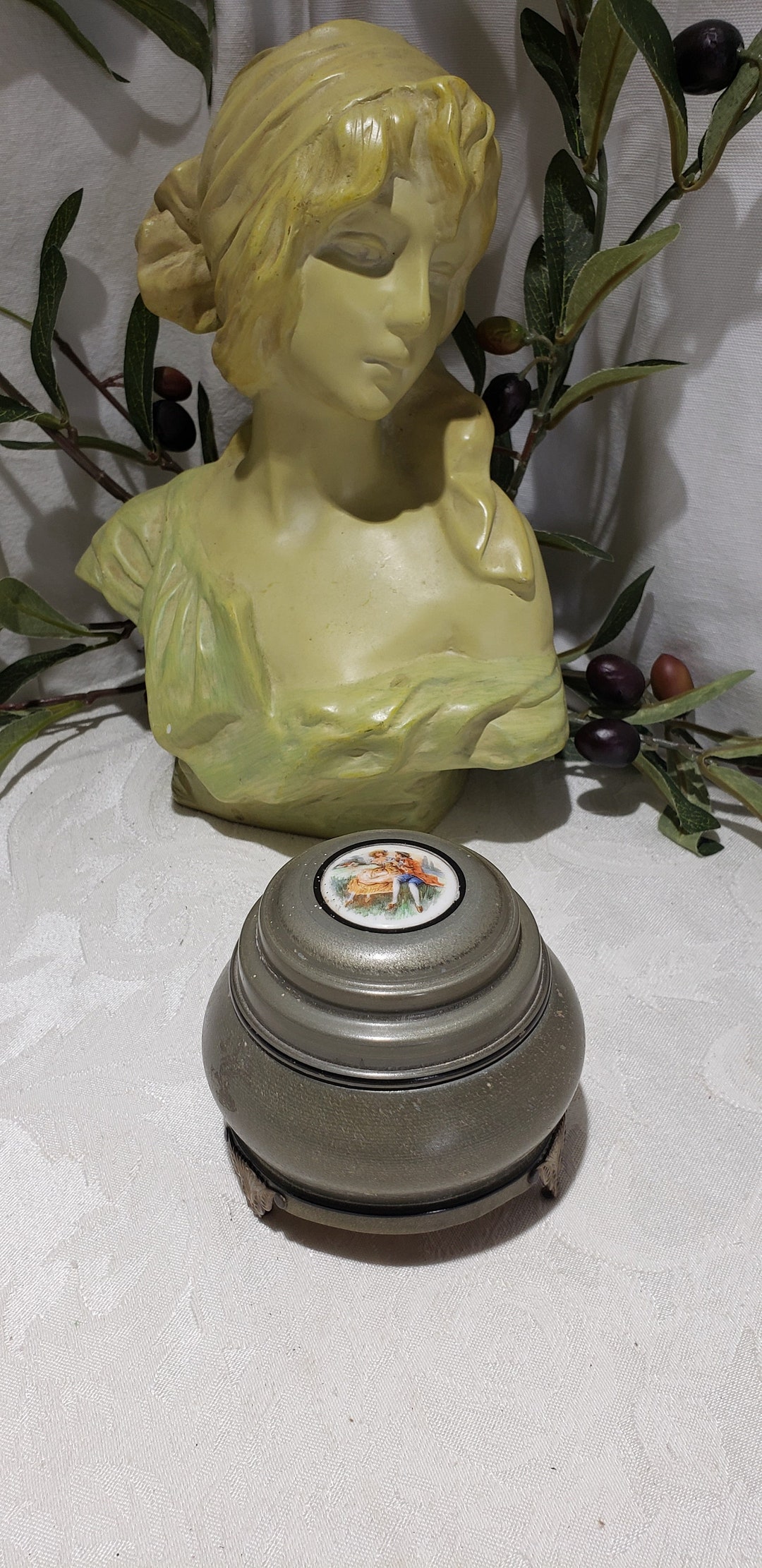 Vintage Footed Aluminum Powder Puff Music Box With Mirror Lid Made in Switzerland Vintage Vanity