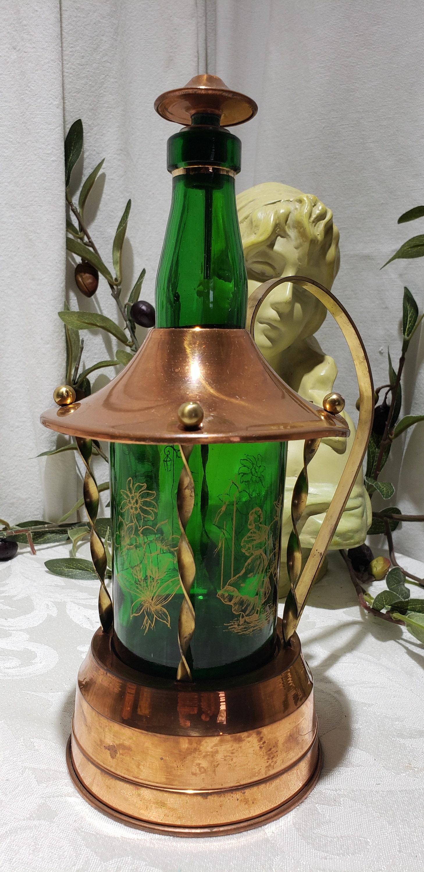 Vintage Copper With Brass Details Green Glass Musical Decanter Etsy
