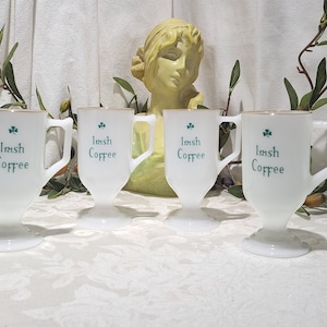 Vintage 1960&#39;s Set Of 4 Irish Coffee Three Leaf Clover Gold Rim Milk Glass Mugs - Whiskey Irish Coffee Glasses