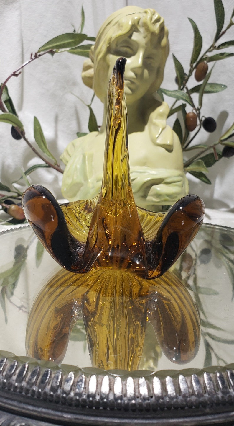 Beautiful Retro Vintage Hand Blown Amber Glass Swan KeysJewelryTrinketCandy Dish