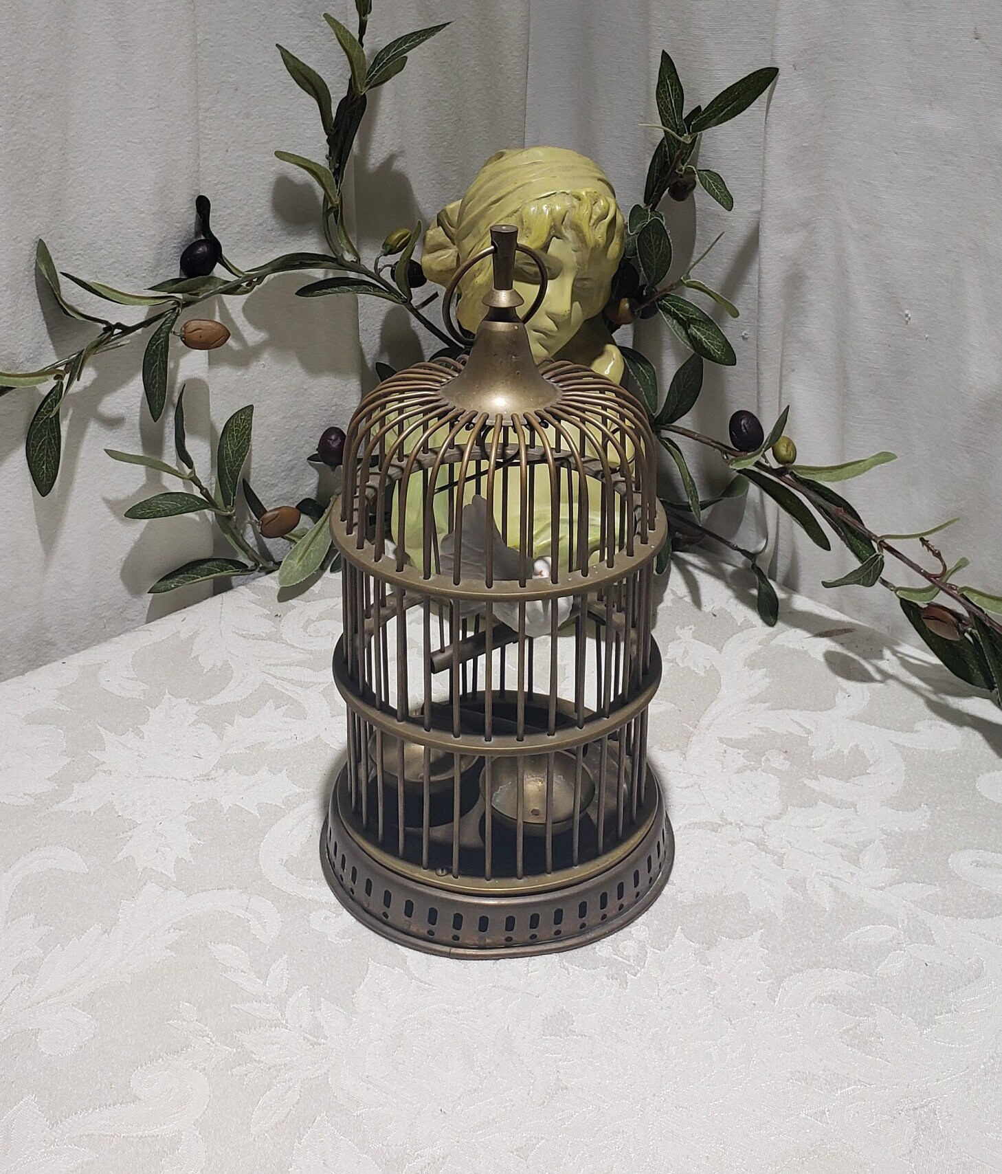 Hanging Bird Cage - RARE 1950s Aviary Wood and Brass Cage