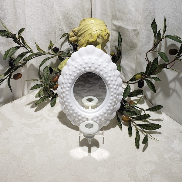 Vintage 1985 Burwood Products No. 2717 B Milk Glass Hobnail Design Plastic Wall Hanging Oval Mirror And Candlestick Holder Sconce