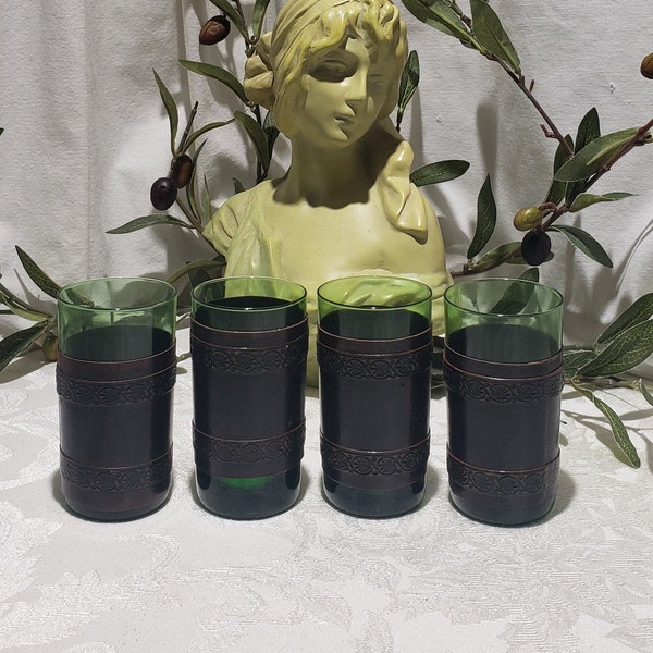Rare Vintage Set Of 4 1970's Embossed Leather Design Leather Wrapped Green Glasses Made In Italy - Vintage Barware's - Stemless Wine Glasses