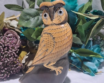 Vintage 1970's Hand Carved Buffalo Horn Retro Design Owl Sculpture/Figurine - Hand Carved Bone 6" Tall Owl Figurine - 1970's Owl Decor