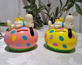 Lot of 2 Vintage Snoopy Easter Halloween Doghouse Bank Whitmans