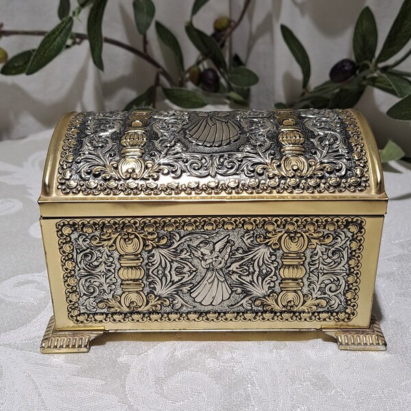 Vintage 1970's The Teleflora Collection Angels/Cherubs/Seraphs Embossed Design Treasure Chest Shaped Silver And Gold Candy Tin