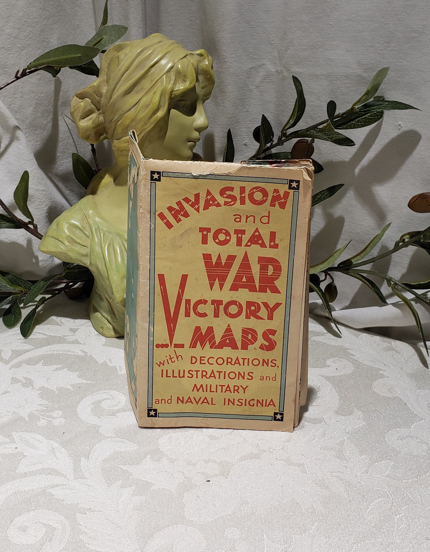 Vintage 1942 Rare Original Historical Invasion And Total War Victory Maps With Decorations, Illustrations And Military And Naval Insignia