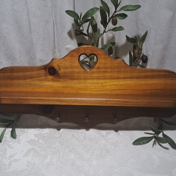Vintage Large 22" By 9" Cut Out Heart Shaped Design Wall Hanging Display Wood Shelf With 3 Hook Hangers  - Farm/Country Home Display Shelf