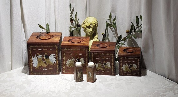Vintage Mid Century Rooster Design Wooden Canister Set – Japan