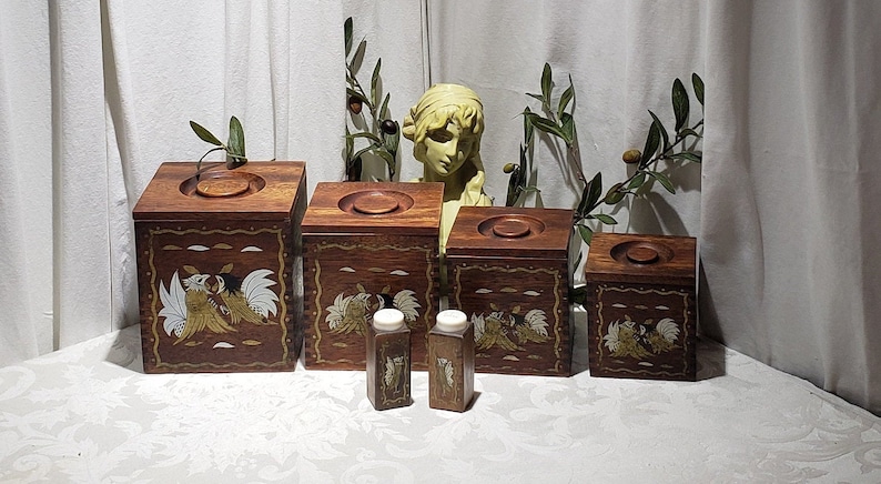 Vintage Mid Century Rooster Design Wooden Canister Set – Japan image 1