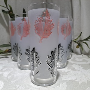 Beautiful Vintage Set of 6 Mid Century Libbey Pink And Black Leaves Design Frosted Highball Glasses - Mid Century Tom Collins Glassware