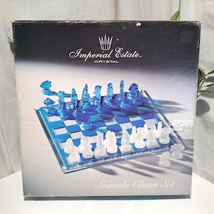 Vintage Imperial Estate Crystal Seaside Chess Set - Cobalt Blue And Frosted White Sea Life Design Chess Set - Ocean Chess Set - Beach Decor