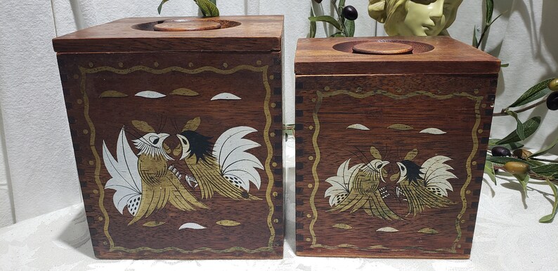 Vintage Mid Century Rooster Design Wooden Canister Set – Japan image 4