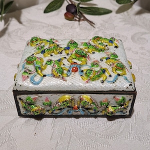 Vintage/Antique Colorful Enamel Chinese Foo Dogs Design Cigarette Hinged Metal Box With Wood Lining  - Vintage Asian Design Trinket Box