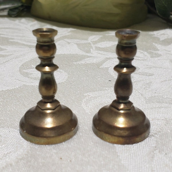 Vintage 1970's Set Of 2 Miniature 1.5" Tall Classic Design Brass/Bronze Doll House Candlestick Holders - Vintage Dollhouse Decorative Wares