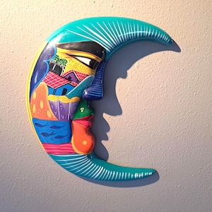 Handpicked 10&quot; Tall Hand Painted Cresent Moon Face Design Talavera Pottery Wall Hanging Sculpture/ Plaque Made In Mexico - Mexican Decor