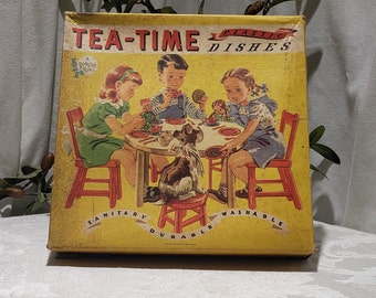 Vintage 1945 Set For 2 Tea Time Plastic Dishes  - A Plasco Toy - The Plastic Art Toy Corporation Of America