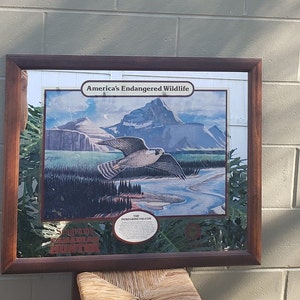 Vintage Large 31&quot; x 25&quot; Seagram&#39;s Canadian Hunter America&#39;s Endangered Wildlife The Peregrine Falcon Mirror Bar Sign - Vintage Pub Sign