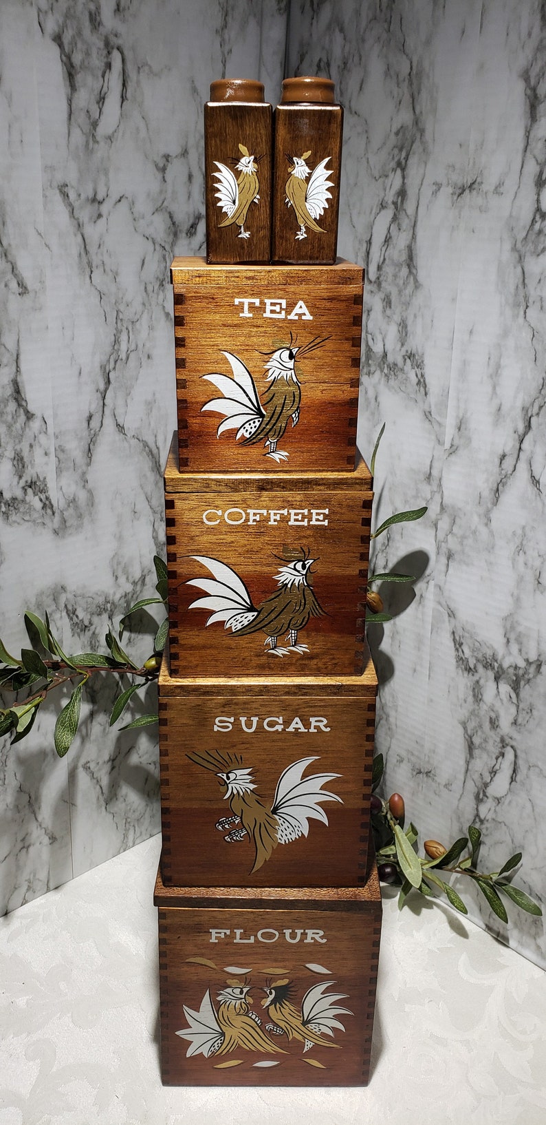 Vintage Mid Century Rooster Design Wooden Canister Set – Japan image 10