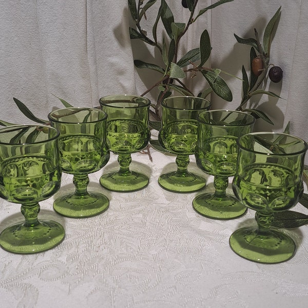 Vintage Set of 6 Indiana Glass Glass Kings Crown Thumbprint Pattern Emerald Green Glass Stemmed Small Cordial Aperitif Port Wine Glasses