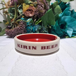 Vintage Sakura China 4" In Diameter Kirin Beer White & Red Ceramic Round Shaped Lounge Ashtray Made In Japan - Kirin Beer Ashtray
