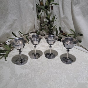 Vintage Set of 4 Pairpoint E.P.N.S. No. 01690 W. M. Mounts Hammered Silver Plated Champagne/Wine/Port/Cordials Goblets
