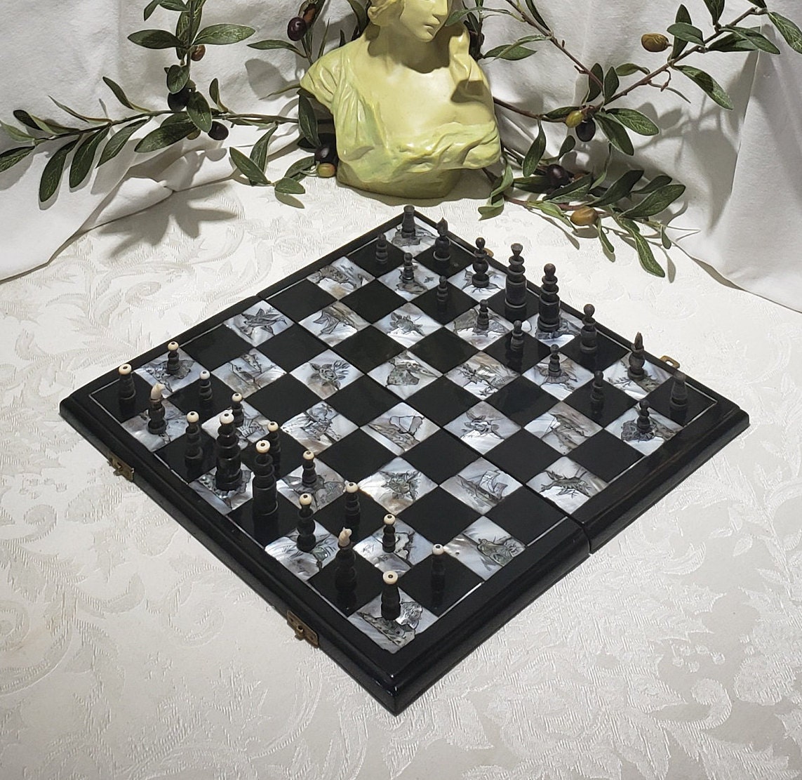 15 Black and Frosted Glass Chess Set with Mirror Board