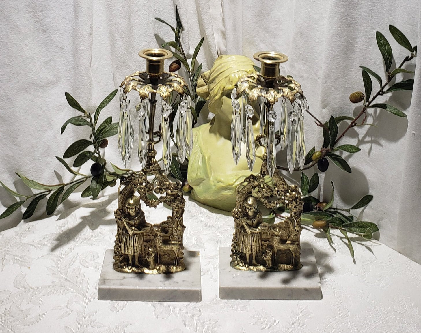 Rare Vintage/antique Pair Brass/gilt Bronze Marble Base Chandelier