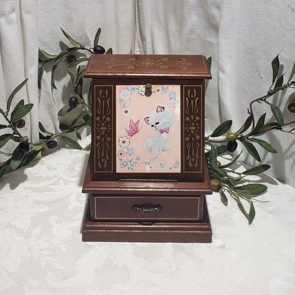 Vintage Kitty, Floral And Butterfly Design Table Top Wood Musical Kids Jewel Case/Jewelry Box Made In Japan - Plays Rain Drops Are Falling..