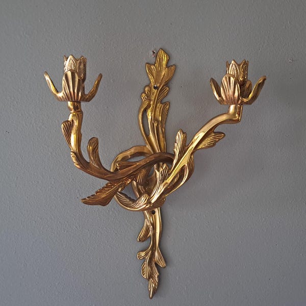 Vintage Hollywood Regency/French Rococo Style Floral & Foliage Design Brass Double Candlesticks Holder Sconce - Italian Style Candle Sconce