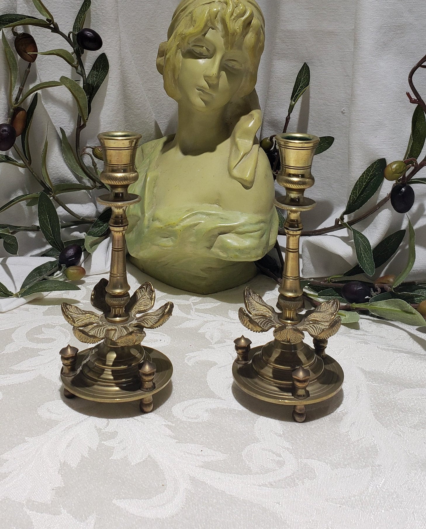 Rare Vintage Set of 2 magnolia Flower Design Solid Brass 7 Tall