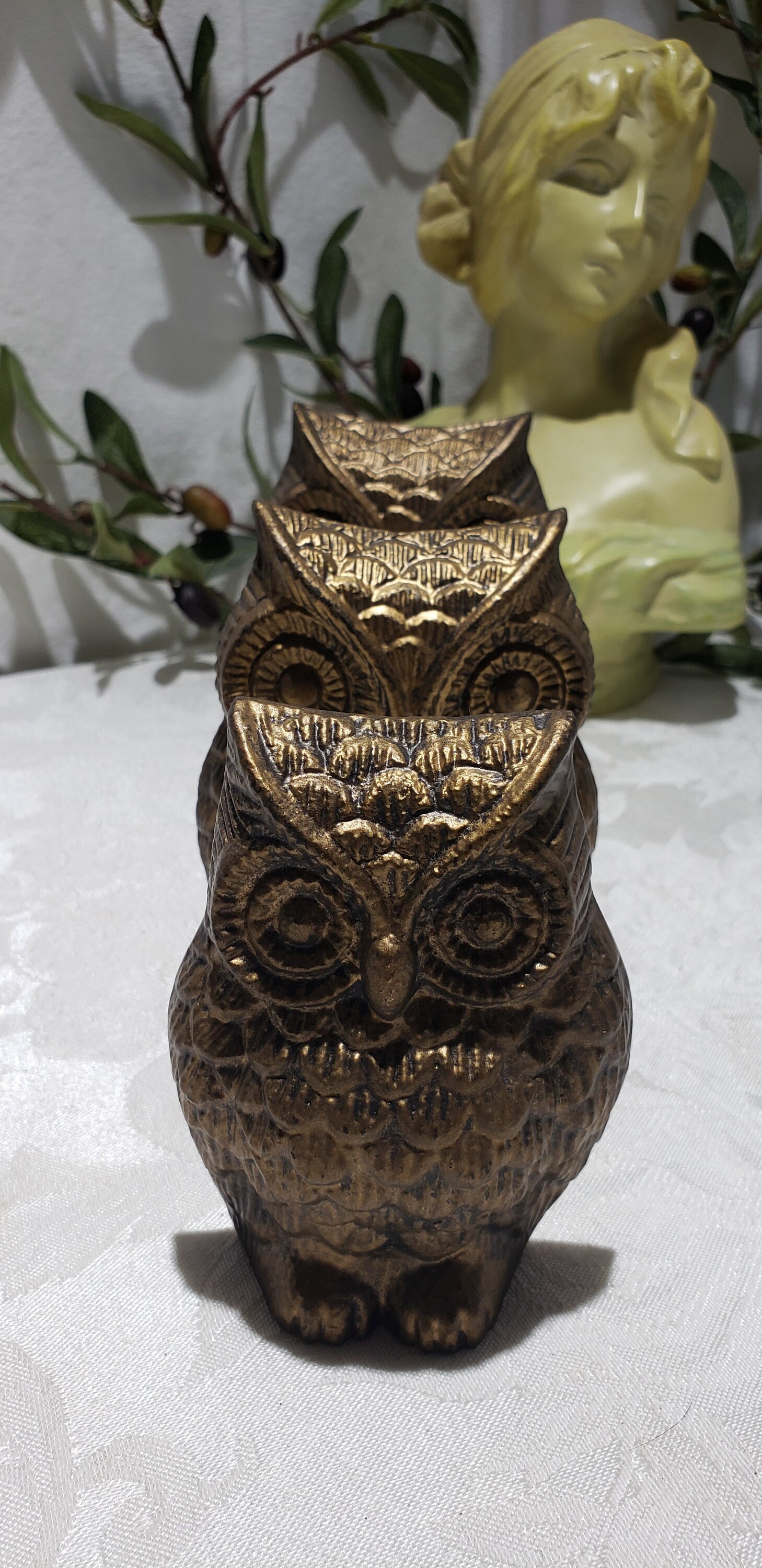 Vintage Gold Tone Owl Figurines - Set of 3 Retro Metal Owl Decor 