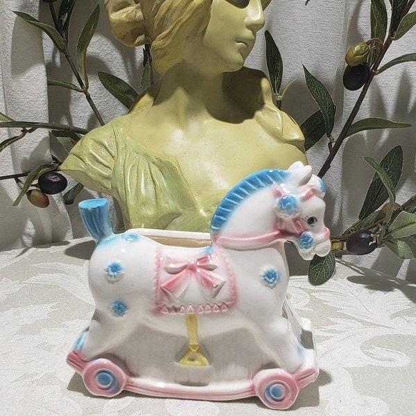 Adorable Vintage Ruben's Originals Pink And Baby Blue Rocking Horse Planter #3142  Made In Japan - Nursery/Children Decorative Planter