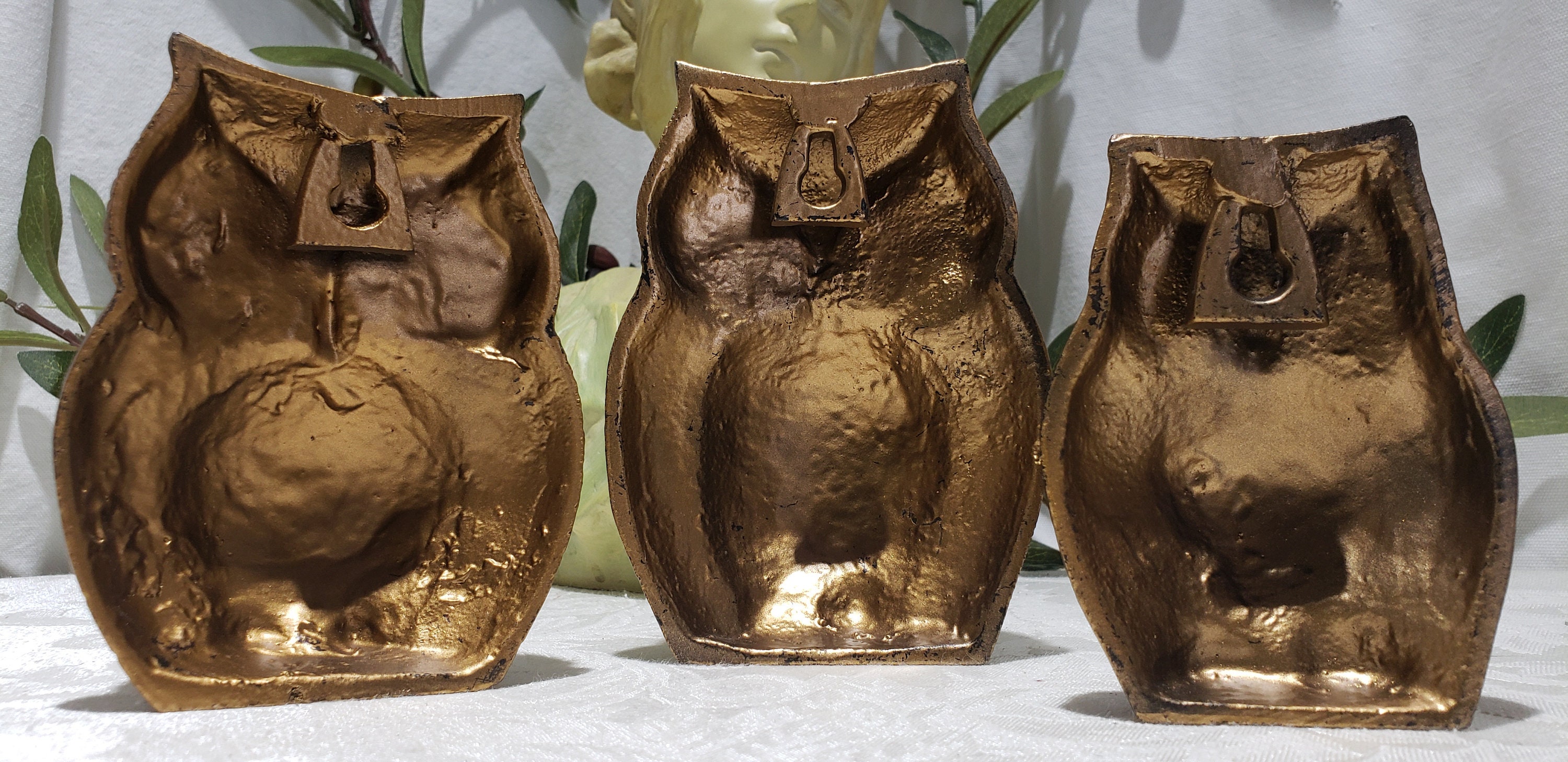Vintage Gold Tone Owl Figurines - Set of 3 Retro Metal Owl Decor 