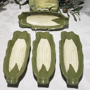 Vintage Set Of 4 Hand Painted Ceramic MESP Corn In The Cob Serving Dishes/Holders - Vintage Kitchen Wares