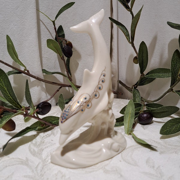 Beautiful Vintage 1996 Lenox China Jewels Collection Turquoise, Blue With Gold Details Diving Dolphin Figurine - Dolphin Décor