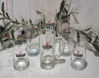 Vintage Collection Of 6 Heineken Red Star/Windmill/Code OF Arms Logo Beer Mug/Weiss/Pilsner/Pint Glasses- Vintage Barware