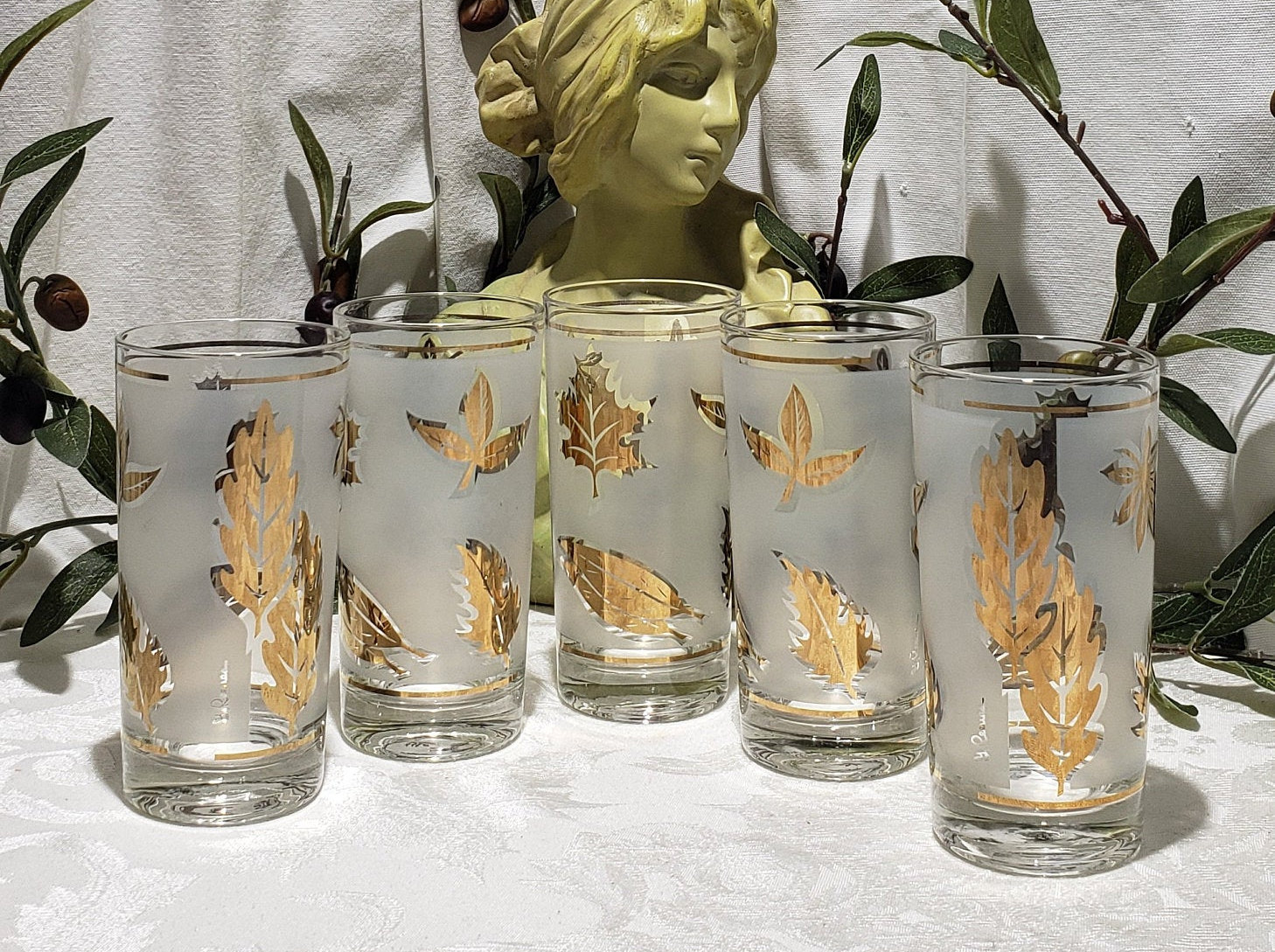 Mid Century Glass Set, Gold Lead, Frosted Design, Highball. Libby 