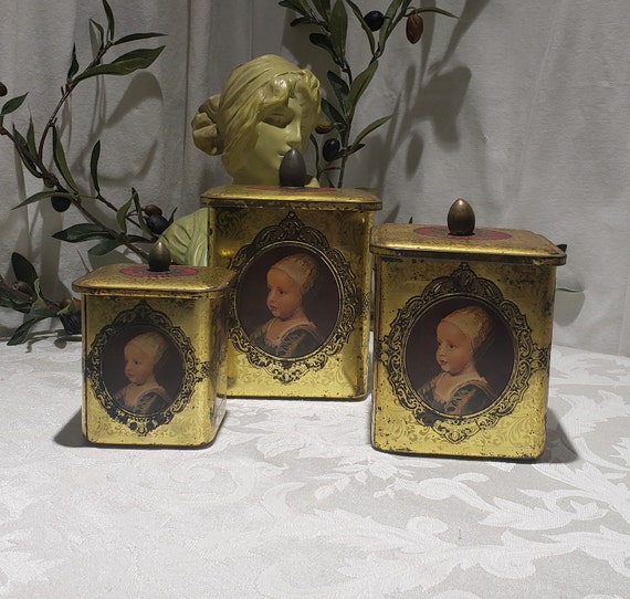 Vintage Guildcraft Embossed Gold, Black, & Green 3-footed Round  ARTIST in Collectable Metal Containers (3 New & 3 Like New) main image 1