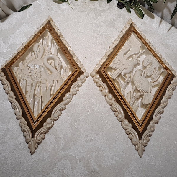 Vintage Set Of 2 1973 Burwood Products Hollywood Regency Style Swans And Birds Design Gold And White Plastic Wall Hanging Plaques