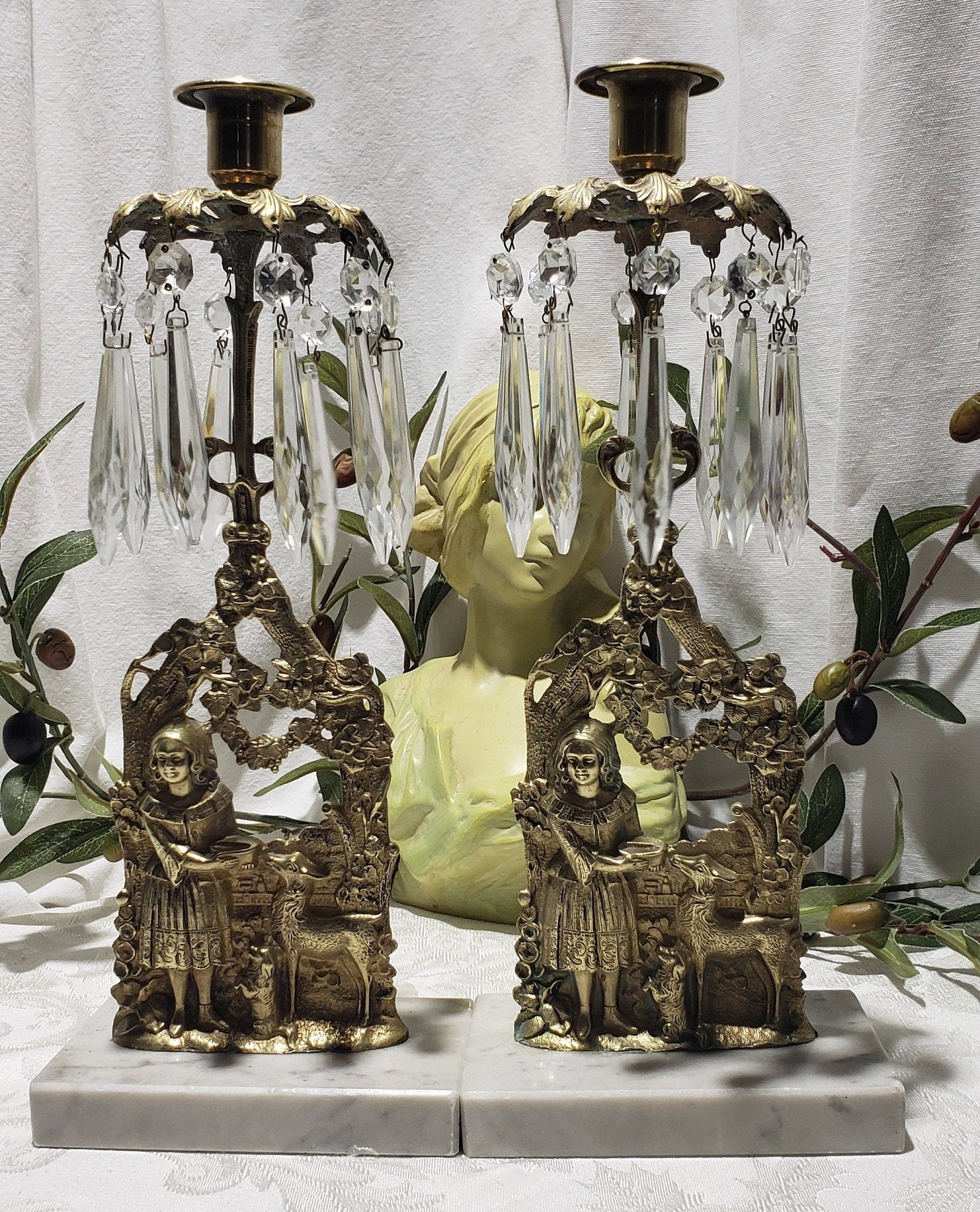 Rare Vintage/antique Pair Brass/gilt Bronze Marble Base Chandelier