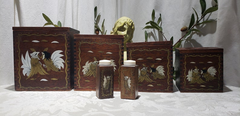 Vintage Mid Century Rooster Design Wooden Canister Set – Japan image 2