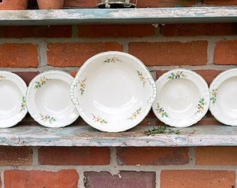 Pretty set of Vintage English china desert bowls and Serving bowl. 1930's