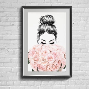 Weibliches Gesicht Wandkunst. Mode-Kunst-Illustration. Girly Mit BlumenWandbild. Weiblicher Druck. Mädchen-Skizze. Romantisches Poster. Aquarell Rose.