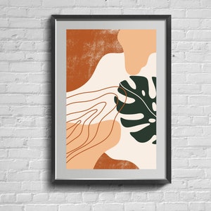 Boho Mid-Century Modern Wandkunst. Gebranntes Orange Druck. Hellblaues Senfgelbes Poster. Wohndekor.
