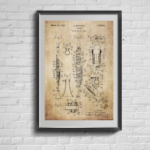 Impresión de patente de clarinete de 1929: Impresión de patente vintage. Regalo para amantes de la música. Decoración retro para sala de estar. Póster con plano.
