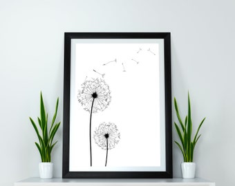 Dandelion Black And White Poster. Dandelions Minimalist Print. Flowers Wall Art. Modern Wall Decor.